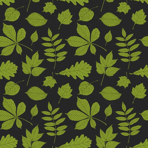 Nahtlose Blättersilhouetten auf dunkelgrünem Hintergrund. — Stockvektor