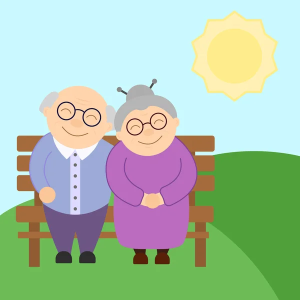 Cute elderly couple sitting on the bench in sunny day — Stock Vector