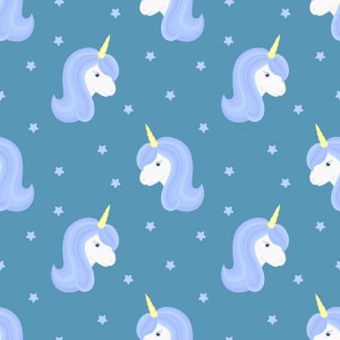 Şirin unicorn ve yıldız ile Seamless modeli. Güzel tek boynuzlu at Merkez mavi yele ve boynuz.