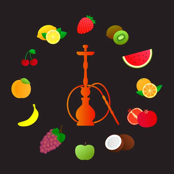 Silhouette narguilé avec différentes saveurs de fruits. Divers additifs aromatiques. Illustration vectorielle pour menu narguilé . — Image vectorielle