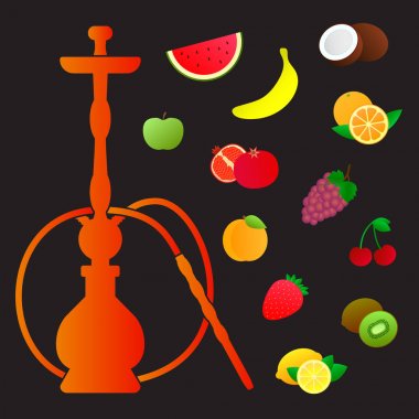 Nargile siluet farklı meyve tatları ile. Çeşitli katkı maddeleri lezzet. Gösterim amacıyla nargile menü.