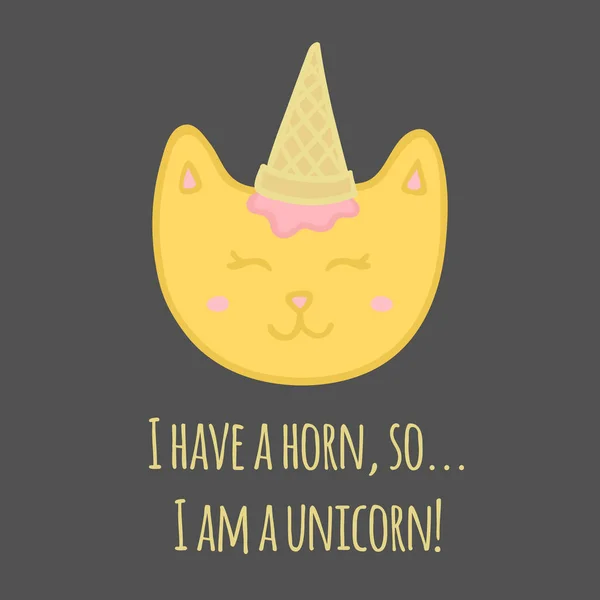 Cute cat unicorn with ice cream cone on head. Funny motivational quote. — Stock Vector