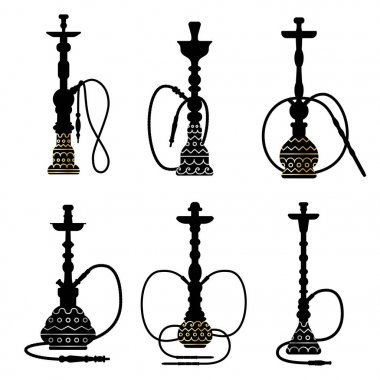 Nargile koleksiyonu. Siyah ve beyaz logo. Altın ve gümüş desenleri ile vektör siluet. Nargile etiket, amblemi