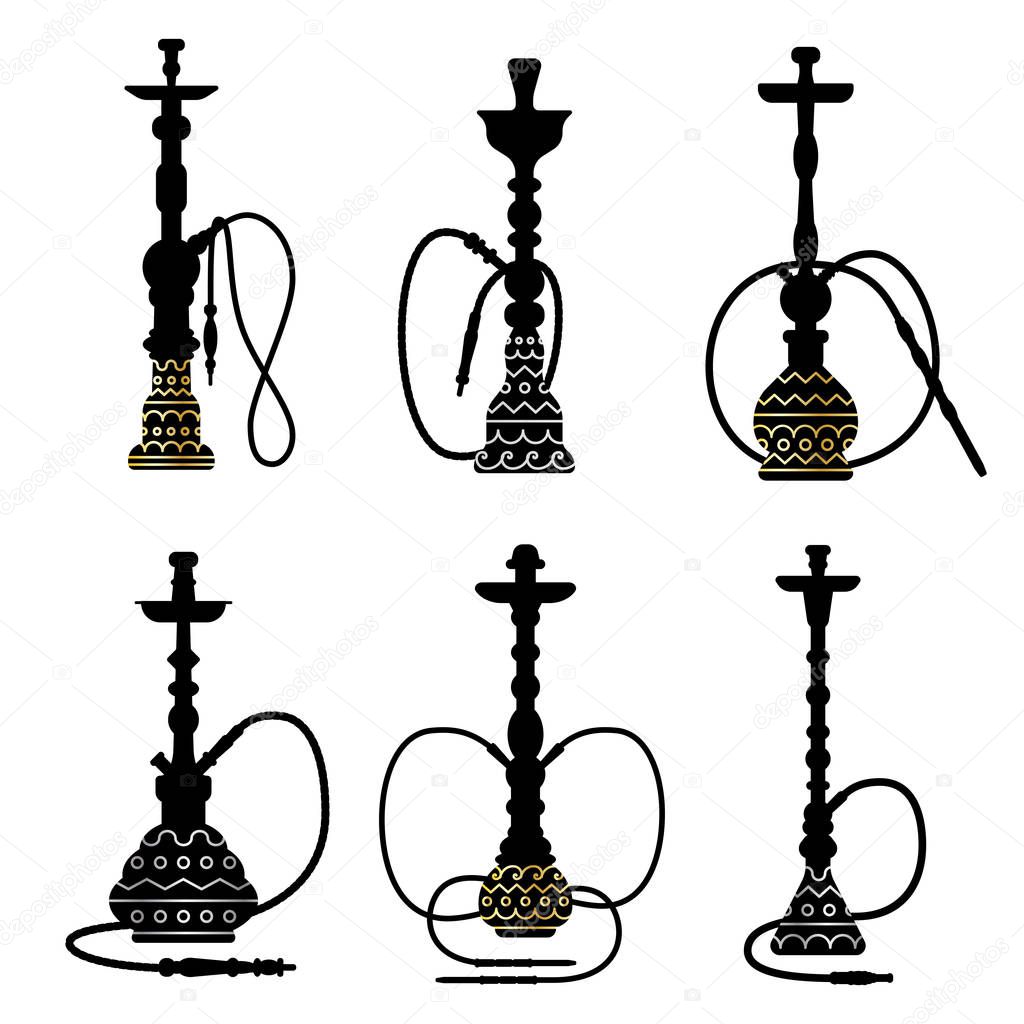 Shisha-Sammlung. Schwarz-weiß-Logos. Vektor-Silhouette mit gold und