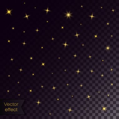 Altın yıldızlar ve parıldıyor. Saydam arka plan üzerinde altın yıldızlar topluluğu. Alan arka plan. Parti ya da festival için etkisi