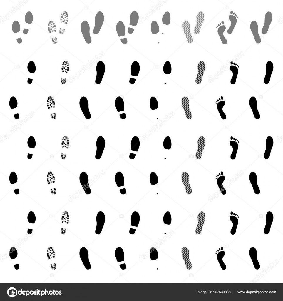 Footsteps. Footprints. Shoe and bare foot print. Shoes imprints set. Foot trail. Stock Vector by ©Chereliss 167530868