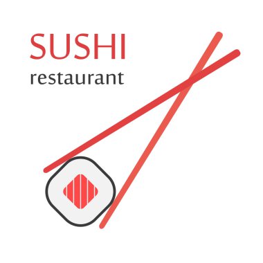 Suşi restoranı. Rulo suşi tutarak yemek çubukları. Düz stil logo tasarımı. Vektör