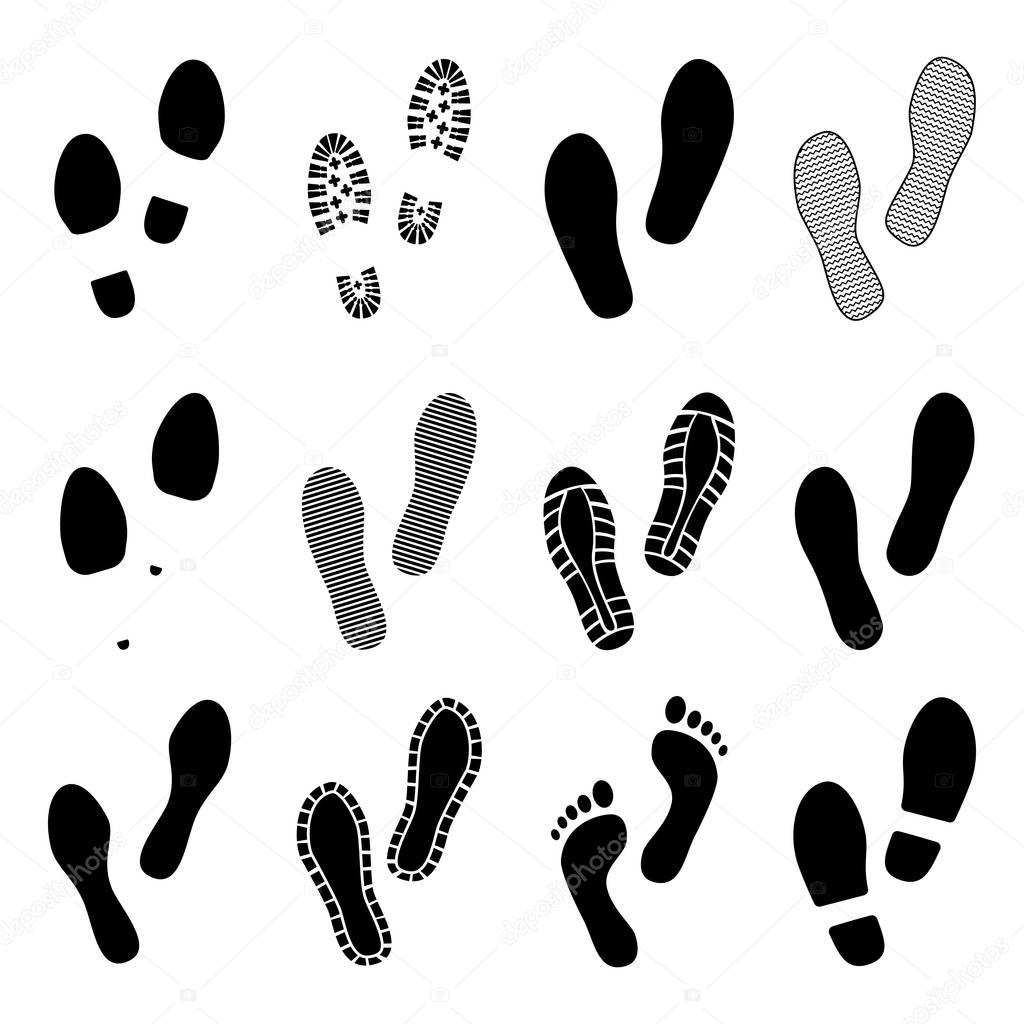 Footsteps. Footprints. Shoe and bare foot print. Shoes imprints set. Vector