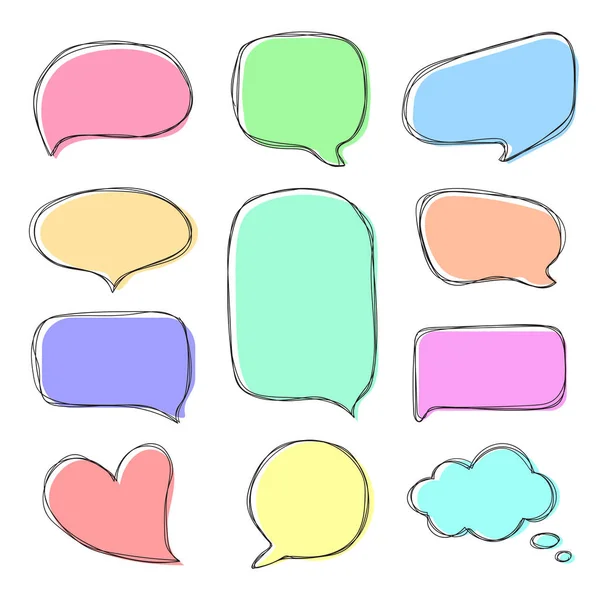 Doodle bulles d'expression colorées. Bulles de discours dessinées à la main dans un style comique. Fenêtres de dialogue vectorielles . — Image vectorielle