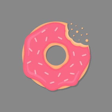 Pembe krema ve çikolata ile ısırıldı çörek. Çizgi film halka. Vektör donut kutsal kişilerin resmi.