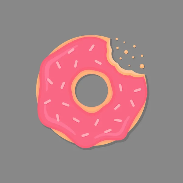 Rosquilla mordida con glaseado rosado y salpicaduras. Donut de dibujos animados. Vector donut icono . — Vector de stock