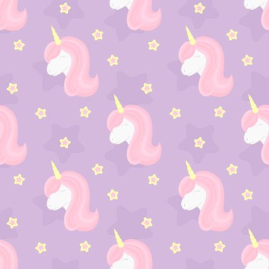 Şirin unicorn ve yıldız ile Seamless modeli. Güzel tek boynuzlu at Merkez pembe yele ve boynuz.