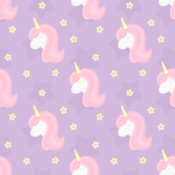 Seamless pattern with cute unicorn and stars. Beautiful unicorn head with pink mane and horn. — Stock Vector