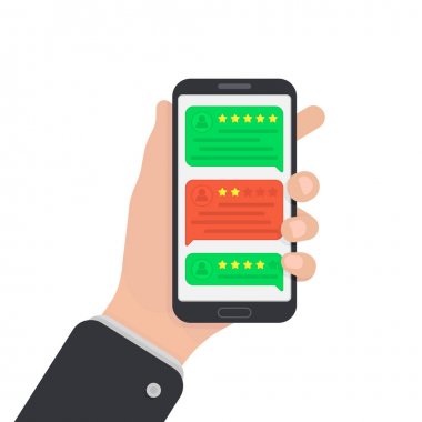 Smartphone kullanıcı değerlendirme. Geribildirim. Cep telefonunuzda bonservis ileti. Konuşma balonları derecelendirme gözden geçirin. İyi ve kötü oranı. El ile smartphone. Düz stil.