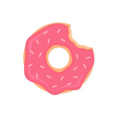 Pembe krema ve çikolata ile ısırıldı çörek. Beyaz arka plan üzerinde izole karikatür halka. Vektör donut kutsal kişilerin resmi.