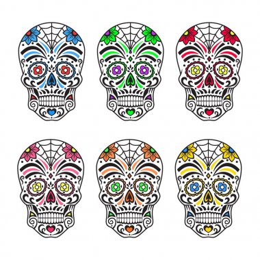 Şeker kafatasları. Renkli dövmeler. Meksikalı ÖIüler Günü. Vektör çizim.