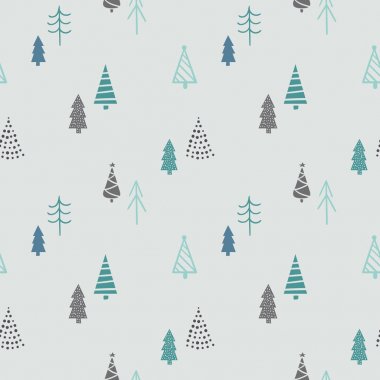 Kış Noel ağaçları ile seamless modeli. El vektör çizim çekilmiş. Noel ambalaj kağıdı.