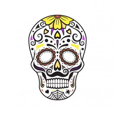 Şeker kafatası. Renkli dövme. Meksikalı ÖIüler Günü. Vektör çizim.