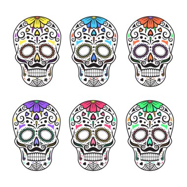 Şeker kafatasları. Renkli dövmeler. Meksikalı ÖIüler Günü. Vektör çizim.