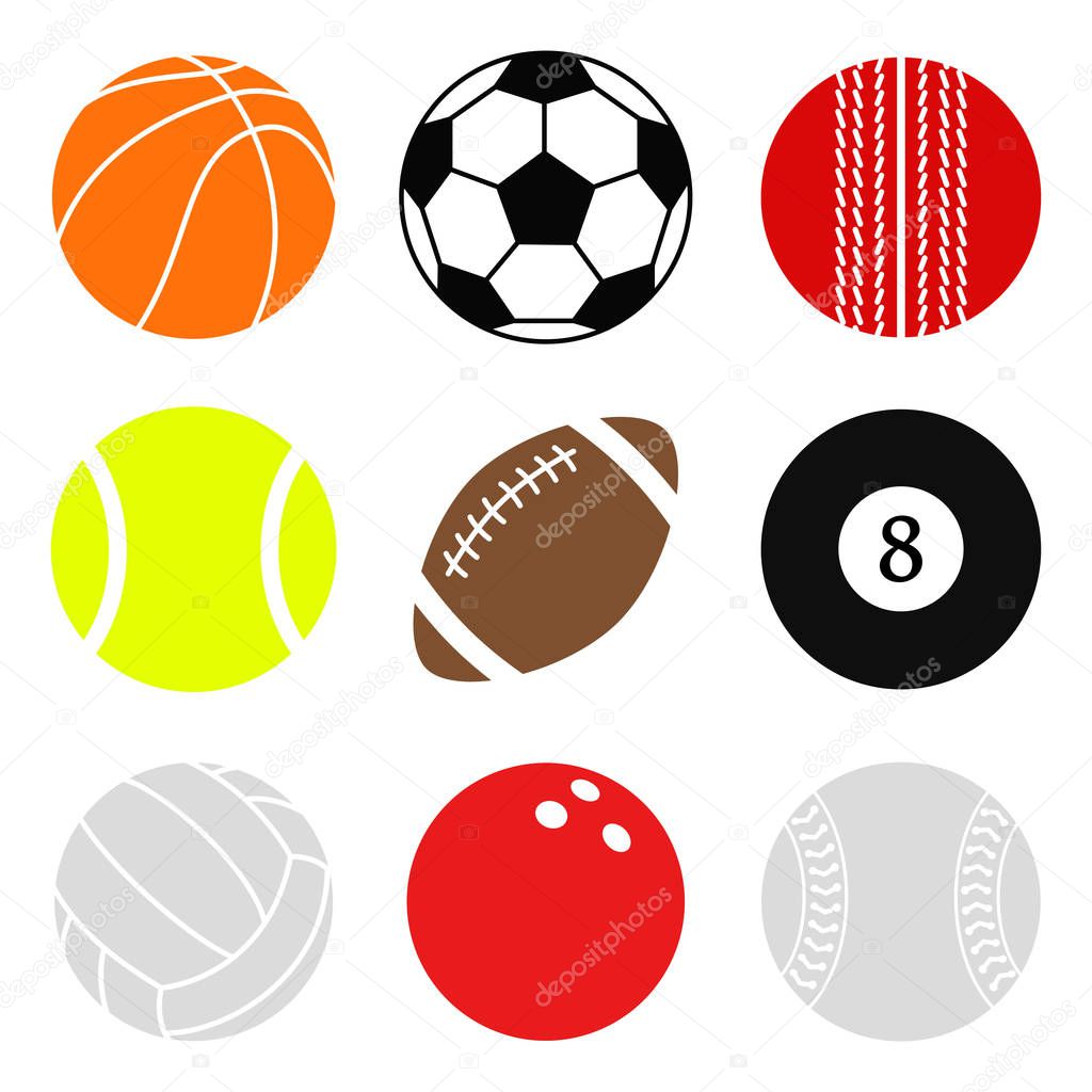 Sports balls vector set. Cartoon ball icons. Collection of cut balls. Flat style.