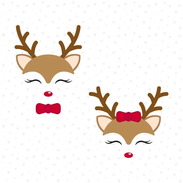 Carina la renna. Un cervo. Buon Natale personaggio cartone animato. Ragazzo con papillon e ragazza con fiocco rosso . — Vettoriale Stock