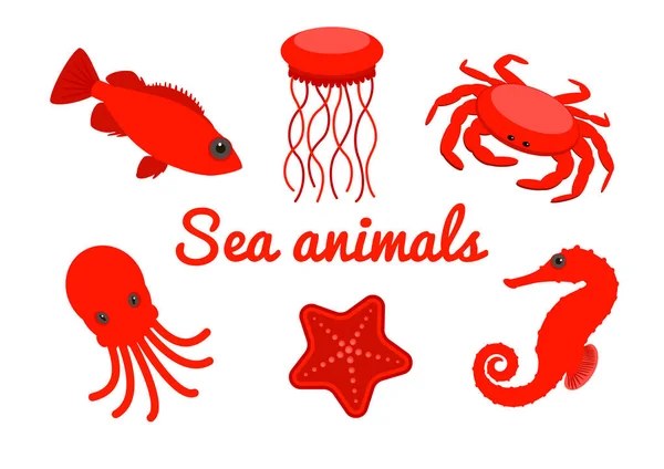 Uppsättning av havsdjur. Röd tecknad havslevande djur isoleras på vit bakgrund. Vektor — Stock vektor