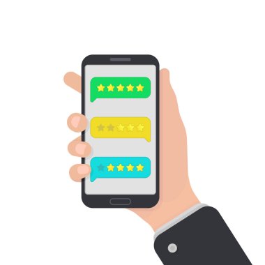 Smartphone kullanıcı değerlendirme. Geribildirim. Cep telefonunuzda bonservis ileti. Konuşma balonları derecelendirme gözden geçirin. İyi ve kötü oranı. El ile smartphone. Düz stil.
