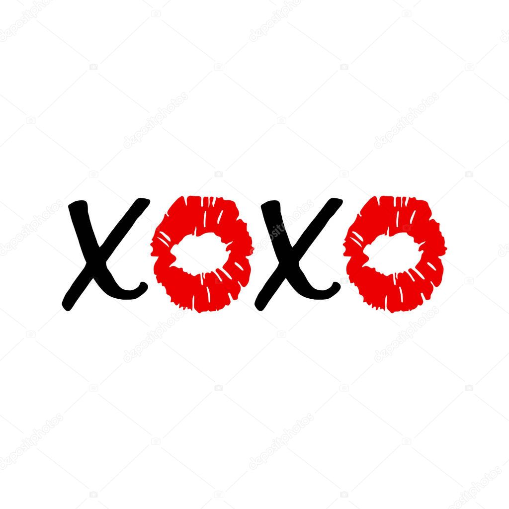 XOXO - hugs and kisses . Lip kiss. Red female lips. Valentines day. Vector