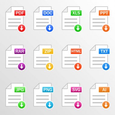 Belge dosyaları. Simge seti. İndir dosya biçimleri - pdf, doc, xls, ppt, rar, ZIP, html, txt, jpg, png, svg, AI. Vektör