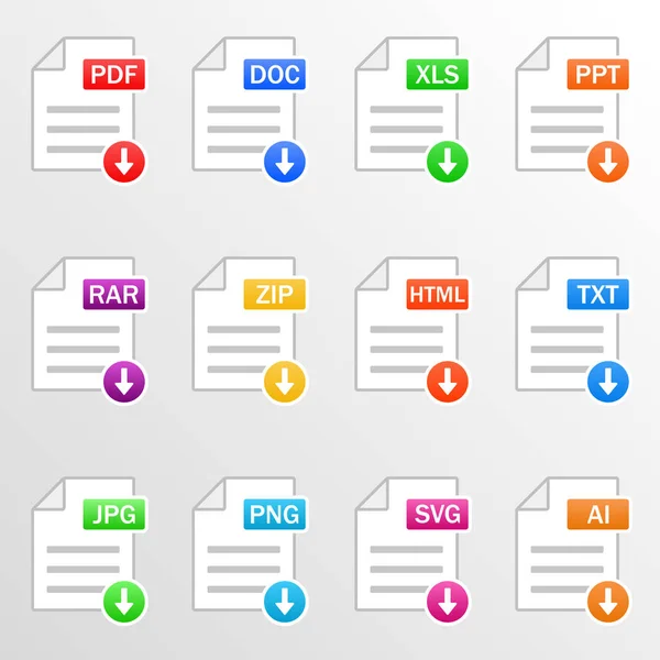 Fichiers de documents. Icône prête. Télécharger les formats de fichiers - pdf, doc, xls, ppt, rar, zip, html, txt, jpg, png, svg, ai. Vecteur — Image vectorielle