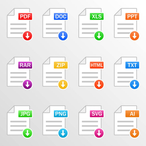 Document files. Icon set. Download file formats - pdf, doc, xls, ppt, rar, zip, html, txt, jpg, png, svg, ai. Vector