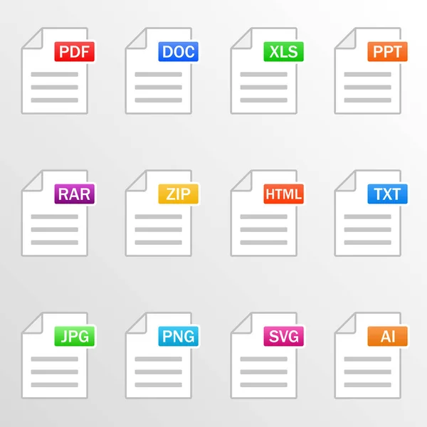 Dokument-Dateien. Symbolsatz. Dateiformate - pdf, doc, xls, ppt, rar, zip, html, txt, jpg, png, svg, ai. Vektor — Stockvektor
