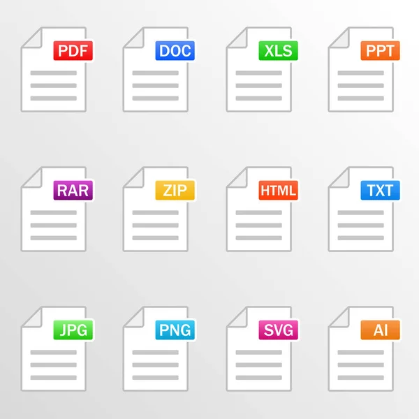 Document files. Icon set. File formats - pdf, doc, xls, ppt, rar, zip, html, txt, jpg, png, svg, ai. Vector — Stock Vector