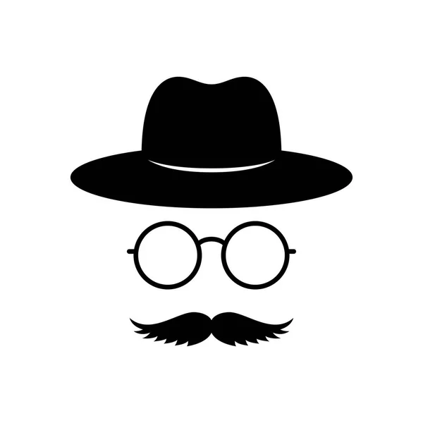 Visage d'homme avec lunettes, moustache et chapeau. Des accessoires photo. Messieurs, messieurs. Inspecteur. Vecteur — Image vectorielle