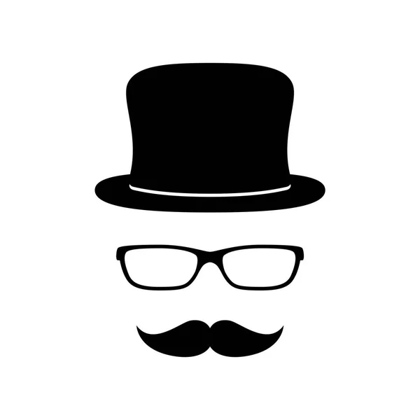 Cara de homem com óculos, bigode e chapéu. Material fotográfico. Cavalheiro. Detective... Vetor — Vetor de Stock