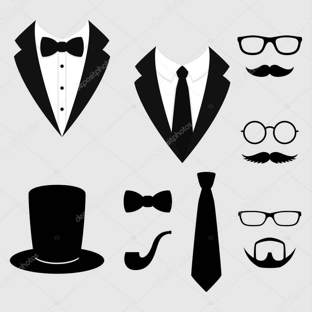 Men's jackets. Tuxedo with mustaches, glasses, beard, pipe and top hat. Weddind suits with bow tie and with necktie. Vector icon.