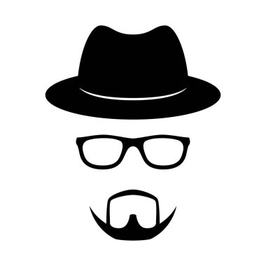 Gizli kutsal kişilerin resmi. Adam yüz gözlük, sakal ve şapka ile. Fotoğraf sahne. Vektör