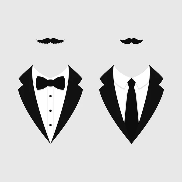 Men's jackets. Tuxedo with mustaches. Weddind suits with bow tie and with necktie. Vector icon. — Stock Vector