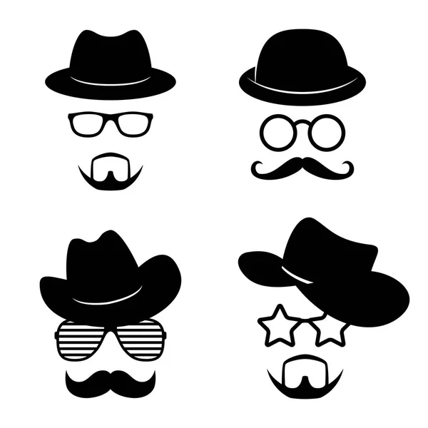 Caras de hombre con gafas, bigote, barba, sombreros. Colecciones de accesorios fotográficos. Conjunto de fiesta retro. Vector — Archivo Imágenes Vectoriales