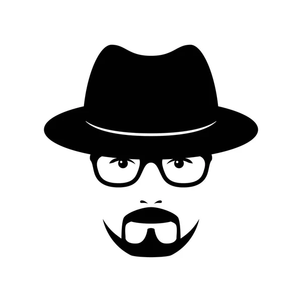 Cara de homem com óculos, barba e chapéu. Material fotográfico. Vetor — Vetor de Stock