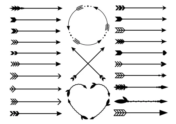 Hipster strzałki. Strzałki w stylu boho. Criss cross plemiennych strzałki. Monogramy koło i serca. Zestaw stylu indyjskim strzałek. Rustykalne ozdobny strzałki. Wektor — Wektor stockowy