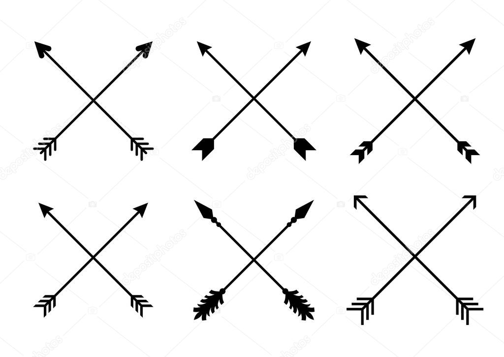 Criss cross hipster arrows. Arrows in boho style. Tribal arrows. Set of Indian style arrows. Vector