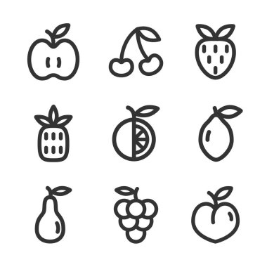 İnce çizgi meyve simgeler vektör kümesi. Elma, portakal, çilek, ananas, kiraz, limon, armut, üzüm, şeftali. Düz illüstrasyon.