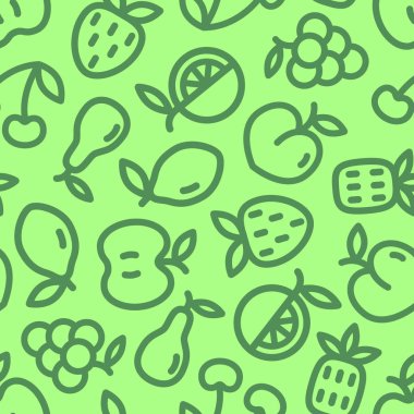 Açık yeşil arka planı üzerinde meyve ile Seamless modeli. Eko tasarım süpermarket broşür, ambalaj kağıdı, kumaş için ince çizgi meyve simgeler ile. Vektör