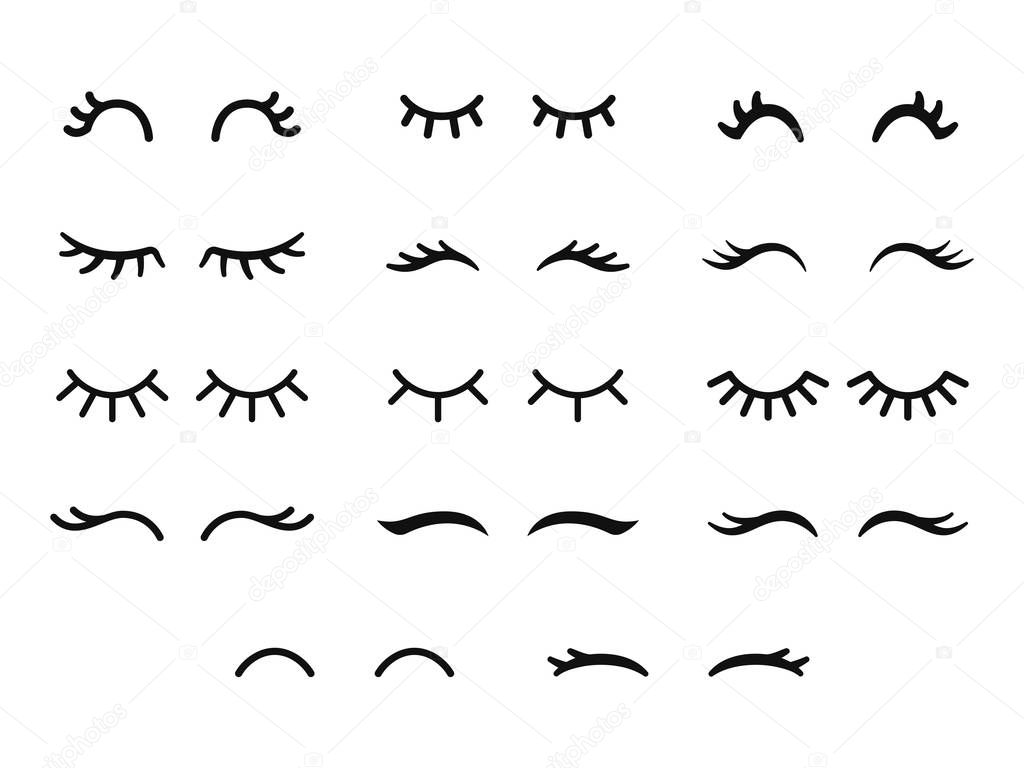 Vector unicorn eyelashes. Cartoon animal eyes. Closed woman eyes. Icon set.
