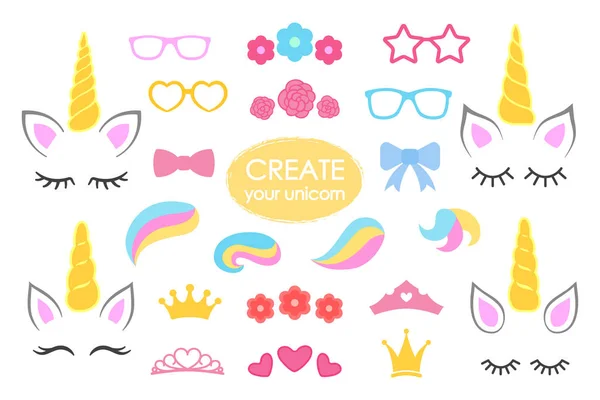 Buat unicorn-mu sendiri koleksi vektor besar. Konstruktor Unicorn. Wajah unicorn yang lucu. Unicorn rincian Horhs, bulu mata, telinga, gaya rambut, bunga, mahkota, kacamata, busur. Vektor - Stok Vektor