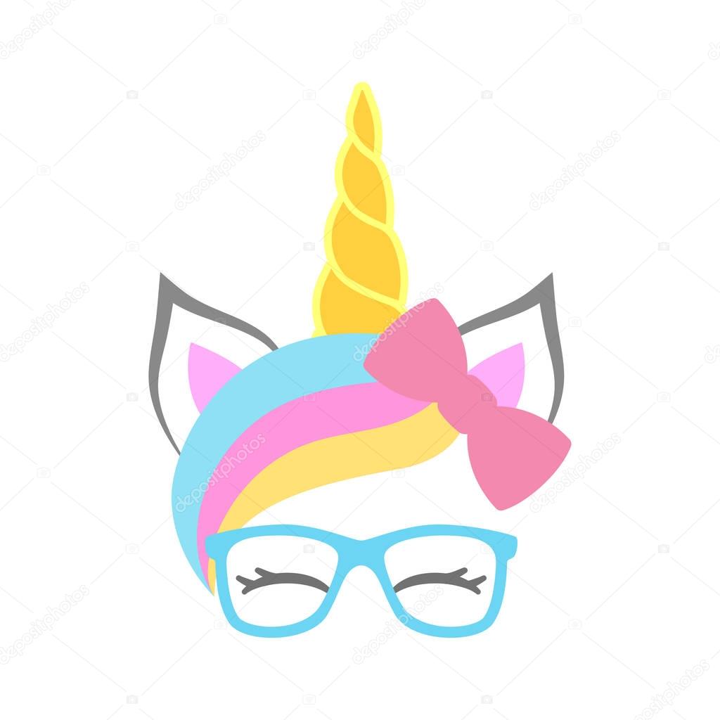 Cute unicorn face with bow and sunglasses. Unicorn head. Vector