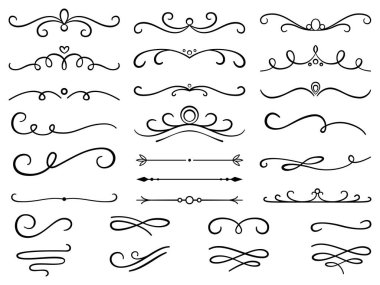 Elle çizilmiş metin bölücüler ve vintage öğeler. Swirls ve bölücüler davet ve tasarım düğün için.