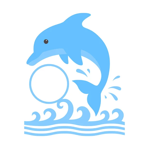 Golfinho saltitante e uma pitada de água. Golfinho azul bonito com um monograma círculo em estilo cartoon. Ilustração vetorial para folheto ou banner de piscina. Isolados — Vetor de Stock