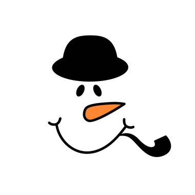 Şapkalı sevimli kardan adam suratı. Kardan adam beyefendi. Kardan adam kafası. Vektör çizimi izole edildi.